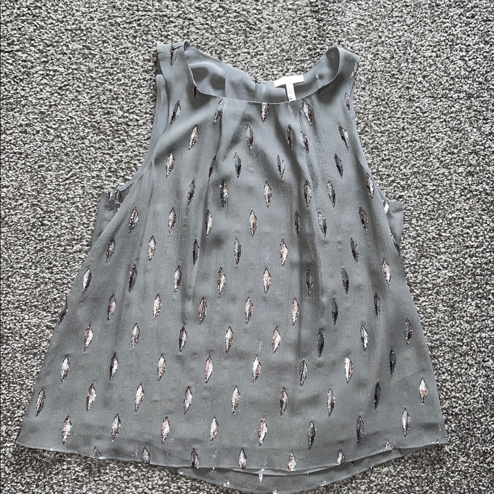 Joie Women’s Gray Sleeveless Silk Top Metallic Feather Print Size Medium